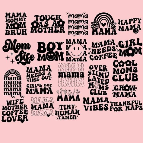 Mama SVGs in retro, boho, groovy, wavy text styles. Perfect for moms clubs, overstimulated moms, and anyone who loves a good pun. #mamasvgs #svg #etsy #momsclub #boho #groovy . #Croquis #Cricut_Retro_Projects #Small_Business_Cricut_Ideas #Wavy_Text_Svg Cricut Retro Projects, Sublimation Mom Designs, Svg Cup Ideas, Custom Shirts Ideas Design, Mama Shirts Vinyl, Cricket Shirts Designs, Mom Cricut Shirts, Mom Cup Ideas, Tshirt Ideas Design Vinyls