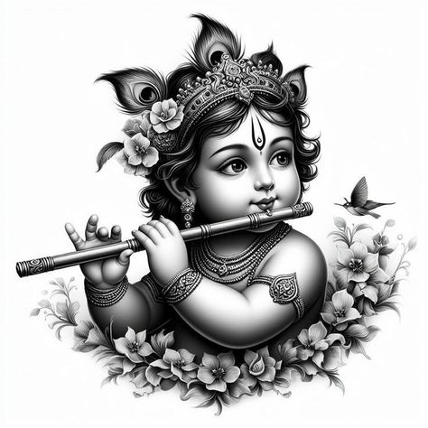 Black And White Krishna Images, Krishna Painting Black And White, Lord Krishna Black And White, Krishna Black And White, Gopal Drawing, Little Krishna Sketch, Reddit Wallpaper, Lord Krishna Sketch, Music Sketch