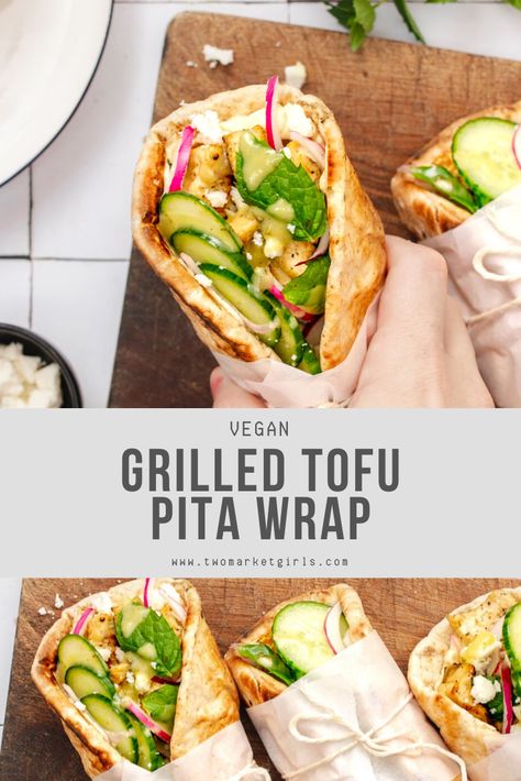 Quick Easy Vegan Lunch, Pita Wraps, Pita Pocket Recipes, Vegan Grilling Recipes, Pita Recipe, Vegetarian Grilling, Vegan Feta, Pita Recipes, Easy Vegan Lunch