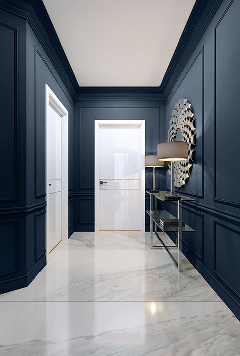 Villa Interiors, Studio Renovation, Trending Paint Colors, Hallway Designs, Windows Exterior, Blue Walls, Home Room Design, Sherwin Williams, Wall Color