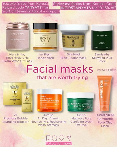 Facial masks that are worth trying: wash-off Korean masks for each skin type and concern ⬇️ ▫️ Mary & May Rose Hyaluronic Hydra Wash Off Pack — deeply cleanses while keeping the skin hydrated; it has real rose petals, and smells like rose. Best for normal to dry, aging skin. ▫️ I’m From Honey Mask — deeply nourishing revitalising mask for dry and very dry, tired skin. If you have sensitive skin, try their Mugwort mask! ▫️ Skinfood Black Sugar Mask — a legendary mask that has been on the... Types Of Masks Skin Care, Jumiso All Day Vitamin, Strawberry Mask, Best Clay Mask, Mugwort Mask, Mask For Oily Skin, Bubble Mask, Real Rose Petals, Skin Advice