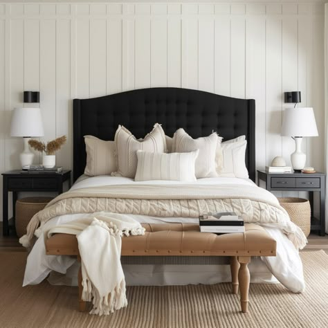 bedroom_Matte_Black_Coziness_Embrace_the_dark_side_w 4 Black Headboard And Bedding, Nightstands With Black Bed, Black Bed Frame Master, Bedding Ideas Black Headboard, Bedding For Black Bed Frame, Black Bed Headboard, Bedroom Inspo Black Bedframe, White Bedding With Black Headboard, Black Velvet Headboard Bedroom Ideas