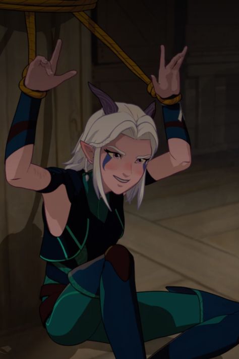 Rayla tied up and making sarcastic remarks. Taken from the animated tv show The Dragon Prince on Netflix. Rayla Dragon Prince, Prince Dragon, The Dragon Prince, Dragon Princess, Hero's Journey, International Women’s Day, Cartoon Crossovers, Character Design Animation, High Fantasy