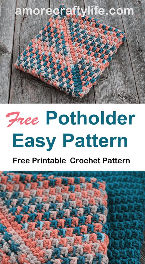 Free PDF Cotton Crochet Potholder Easy Pattern One Skein - A More Crafty Life Potholder Patterns Free, Cotton Yarn Projects, Crochet Craft Fair, Cotton Crochet Patterns, Crochet Pot Holders Free Pattern, Crochet Potholder, Crochet Potholder Patterns, Crochet Slippers Free Pattern, Crochet Hot Pads