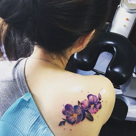 Violet Tattoo by janexnnnnn Violet Flower Tattoo, Pansy Tattoo, Violet Flower Tattoos, Wildflowers Tattoo, Violet Tattoo, Purple Tattoos, Flower Tattoo Sleeve, Shoulder Tattoos, Shoulder Tattoos For Women