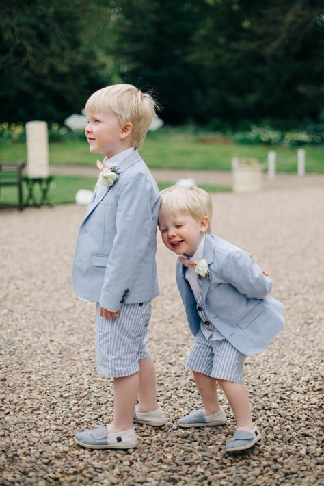 Your ring bearers will stay cool (and look adorable) at a summer wedding in a seersucker shorts/suit jacket combo. Groomsmen Colours, Blue And Blush Wedding, Bearer Outfit, Dusty Blue Bridesmaid Dresses, Dusty Blue Weddings, Wedding Party Photos, Family Photo Outfits, Blue Bridesmaid Dresses, Blue Bridesmaids