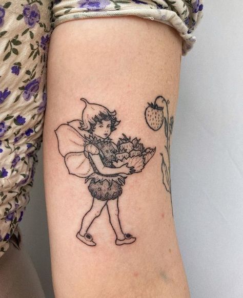 Ellie - Handpoked tattoos on Instagram: "🍓 I can’t get over how cute this little strawberry fairy is!! Swipe for a close up 🍓" Cottagecore Tattoo, Pixie Tattoo, Strawberry Fairy, Strawberry Tattoo, Whimsical Tattoos, 16 Tattoo, L Tattoo, Fairy Tattoo Designs, Fairy Tattoo