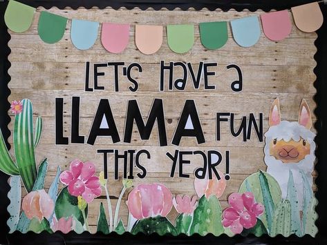 Llama Bulletin Board, Cactus Classroom Decor, Llama Classroom, Elementary School Bulletin Boards, Welcome Bulletin Boards, Cactus Classroom, Bulletin Boards Classroom Decor, Classroom Layout, Back To School Bulletin Boards