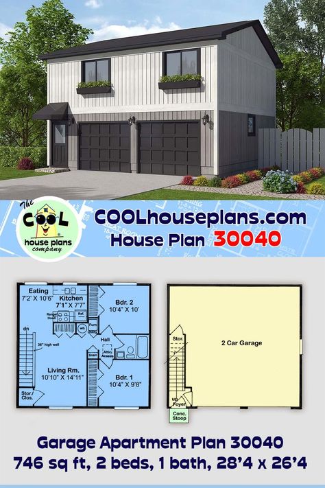 VERY popular 2 Bedroom Carriage House Plan 30040 has 2 bays for parking on the ground floor level. Garage parking area is 746 square feet. The upper level includes two bedrooms, 1 bath, and comfortable living space. Apartment size is 746 square feet. This garage apartment plan 30040 offers affordable construction because it has a simple rectangular footprint measuring 28’4 wide by 26’4 deep. Finish the exterior with vertical wood siding. Add curb appeal with flower boxes under the windows. Garage Apartment Floor Plans, Laneway House, Garage Apartment Plan, Guest House Plans, Bank Barn, Garage Guest House, Carriage House Plans, Retirement House, Garage Apartment Plans