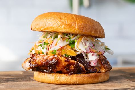 Smoked Chicken Sandwich, Radish Slaw, Smoked Turkey Sandwich, Andy Cooks, Cabbage Chicken, Burger Bun, Chicken Lunch, Turkey Sandwich, Tasty Chicken