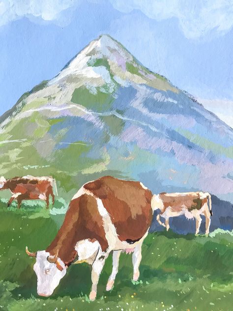 Cows Painting Acrylic, Colorful Cow Painting, Highschool Drawing, Cow Acrylic Painting, Cow Grazing, Grazing Cow, Cows Grazing, Happy Cow, Barn Painting