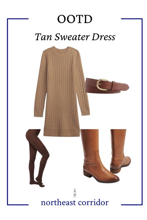 A warm winter outfit that you can wear to the office. Start with a tan sweater dress (this one is from Gap Factory), pair with opaque dark brown tights and riding boots (these are Sam Edelman). To make the dress look more form-fitting, add a leather belt (this one is J.Crew). Long Sleeve Brown Sweater Dress For Work, Tan Sweater Dress Outfit, Fitted Brown Sweater Dress For Fall, Sweater Dress Brown Tights, Brown Sweater Dress Outfit, Brown Tights Outfit, Anastasia Outfits, Tan Sweater Dress, Sweater Dress With Tights