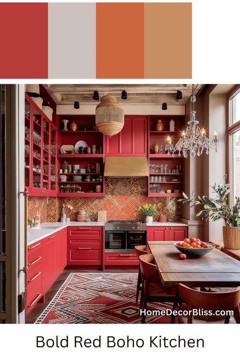 Boho Chic Kitchen: Red Open Cabinetry and Eclectic Decor Red Kitchen Backsplash Ideas, Red Boho Kitchen, Red Countertop Kitchen, Bold Kitchens, Boho Chic Kitchen, Tan Kitchen, Kitchen Concept, Kitchen Cabinet Color Ideas, Bold Boho