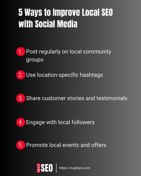 Use social media to improve local SEO by posting in community groups, using location hashtags, and sharing testimonials. Engage with local followers and promote events to boost visibility. 𝗘𝗹𝗲𝘃𝗮𝘁𝗲 𝘆𝗼𝘂𝗿 𝗳𝗲𝗲𝗱. 𝗙𝗼𝗹𝗹𝗼𝘄 𝘂𝘀! https://www.rfr.bz/i93bd2e Customer Stories, Seo Agency, Event Promotion, Local Seo, Community Group, Follow Us, Dallas, Promotion, Social Media