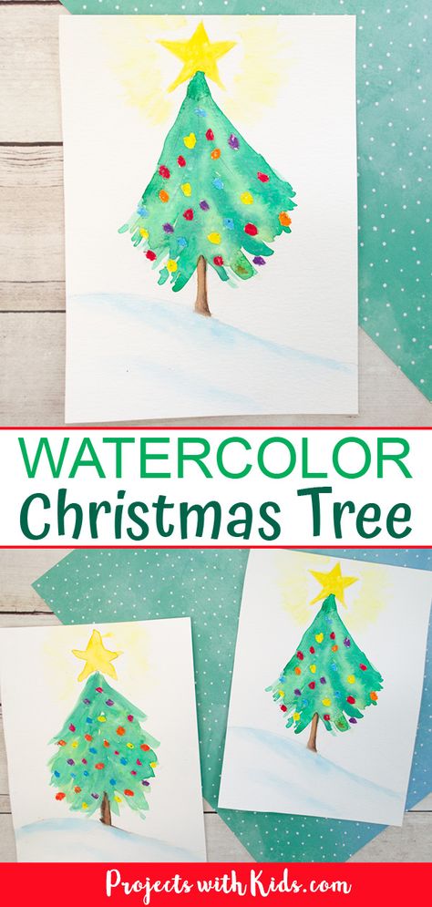 Kids will learn how to paint a watercolor Christmas tree with these easy and fun watercolor techniques! A wonderful Christmas art project idea. #projectswithkids #watercolorpainting #kidsart Easy Watercolor Christmas, Tree Art Project, Christmas Art For Kids, Fun Watercolor, Christmas Art Projects, Watercolor Christmas Tree, Christmas Cards Kids, Christmas Crafts For Kids To Make, Christmas Arts And Crafts