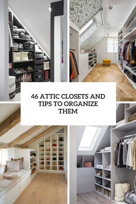 attic closets and tips to organize them cover Angled Closet Ideas Sloped Ceiling, Slanted Wall Storage, Slanted Wall Closet, Slanted Ceiling Closet, Attic Closet Ideas, Makeshift Closet, Slanted Ceiling Bedroom, Attic Nook, Closet Master