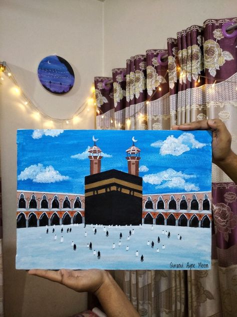 Kaba Drawing Easy, Kaba Sharif Painting On Canvas, Kaba Sharif Painting, Kaba Painting On Canvas, Khana Kaba Drawing, Kaaba Painting Canvas, Khana Kaba Painting, Mecca Drawing, Kaba Drawing