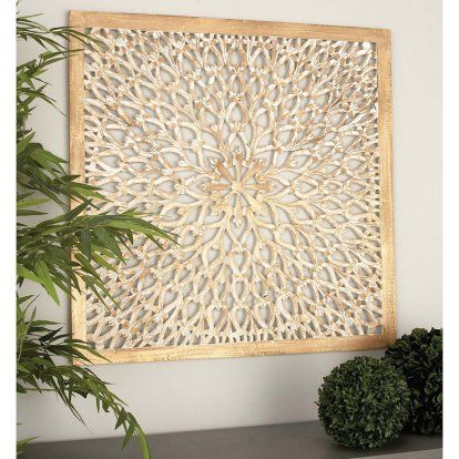 DecMode Square Wood Light Brown Wall Panel with Circular Filigree Design Carved Wall Decor, Ornamental Wood, Wood Snowflake, Flourish Design, Wooden Wall Panels, Decorative Wall Panels, Brown Walls, Floral Wall Decor, Panel Wall Art