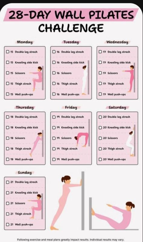 yoga online Daily Workout Challenge, Wall Pilates Challenge, Core Workout Challenge, 30 Day Workout Plan, Wall Push Ups, Pilates Workout Plan, Simple Poses, Wall Pilates, Pilates Workout Routine