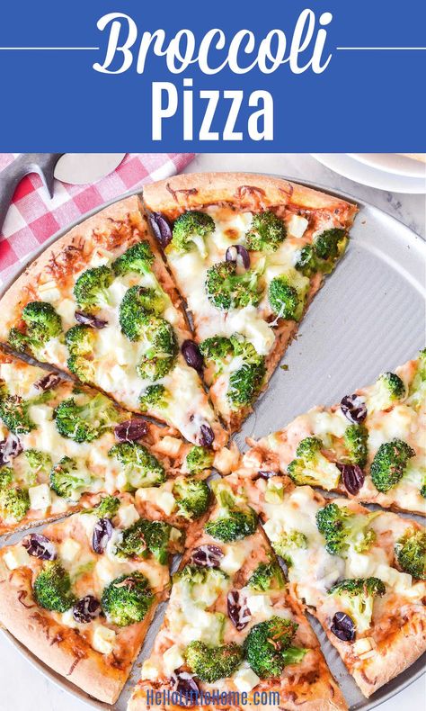 Are you a Broccoli Lover? Then you have to try Broccoli on Pizza! Learn how to make the BEST Broccoli Pizza using simple ingredients: Fresh Broccoli, Pizza Sauce (Pesto would also be delish!), Olives, Feta, and Cheese (Mozzarella + Asiago). Yum! This Homemade Broccoli Cheese Pizza recipe is Quick + Easy to Make and full of tasty Italian Flavors. You’ll love this unique, creative Veggie Pizza Topping. Make this Vegetarian Pizza with Broccoli tonight (great Weeknight Dinner! | Hello Little Home Pizza With Broccoli, Broccoli Pizza, The Best Broccoli, Cheese Pizza Recipe, Veggie Pizza Recipe, White Pizza Recipes, Best Broccoli, Sauce Pesto, How To Make Broccoli