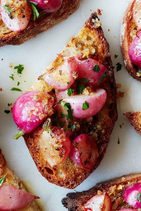 Roasted Radish Crostini Recipe - NYT Cooking Radish Crostini, Roasted Radish, Anchovy Recipes, Easy Sesame Chicken, Crostini Recipe, Classic Hot Chocolate, Crostini Recipes, Roasted Radishes, Radish Recipes