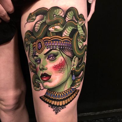 Ink & Dagger Tattoo Studio – Atlanta (Roswell) GA (770) 518-4073 Artists - Ink & Dagger | Custom Tattoo Studio in Roswell, GA Traditional Medusa Tattoo, Traditional Tattoo Reference, Tato Tradisional, Medusa Tattoo Design, Traditional Style Tattoo, Tattoo For Son, Tattoo Traditional, Medusa Tattoo, Full Body Tattoo