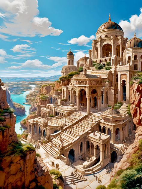 Ancient City Drawing, Old Roman Building, Roman City Fantasy Art, Roman City Art, Roman Fantasy City, Roman City Concept Art, Fantasy Mediterranean City, Fantasy Temple Concept Art, Roman Buildings Architecture