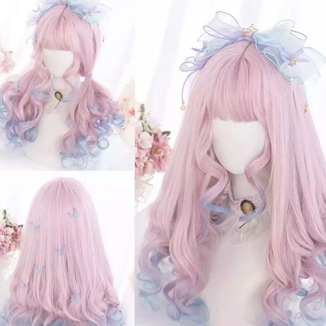 New Beautiful Colorful Wig Regular Daily Wig Fashionable Party Use High Temperature Fiber Wavy Long Length Do Not Perm One Piece - Fits Most Mixed Pink Blue Colors Style On Your Own Wig Only Aesthetic Wigs, Blue Tips Hair, Colorful Wig, Kawaii Wigs, Pastel Ombre, Cotton Candy Colors, Blue Wig, Blue Tips, Kawaii Hairstyles