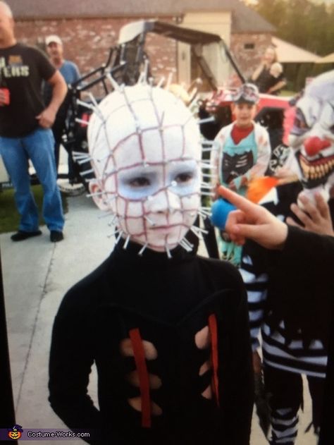 Pin Head Homemade Costume Scary Kids Costumes, Halloween Costumes Women Scary, Head Photo, Scary Kids, Pin Head, Homemade Costume, Costume Works, Diy Pins, Scrap Material