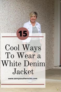 15 Ways to style a white denim jacket with summer outfits. #fashionover40 #summeroutfits #outfitideas White Jean Jacket With Dress, Styling A White Denim Jacket, Styling A White Jean Jacket, How To Style A White Jean Jacket, Outfits With White Denim Jacket, White Jean Jacket Outfits Fall, How To Style White Denim Jacket, White Jean Jacket Outfits Summer, All White Denim Outfit