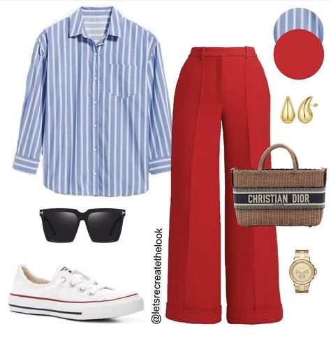 Orange Pants Outfit Work, Red Pants Outfit Work, Pantalon Naranja Outfits, Red Striped Shirt Outfit, Fall Outfits Work, Outfit Pantalon Rojo, Red Pants Outfit, Outfit Ideas Everyday, Color Combos Outfit