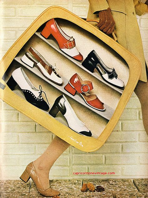 -Teen Magazine-  'suitcase for shoes'  (April. 1970) 1970s Shoes, 60s Shoes, 1960s Shoes, 70s Shoes, Boogie Shoes, Fashion 1970s, 60s 70s Fashion, 60s And 70s Fashion, Hallowen Costume