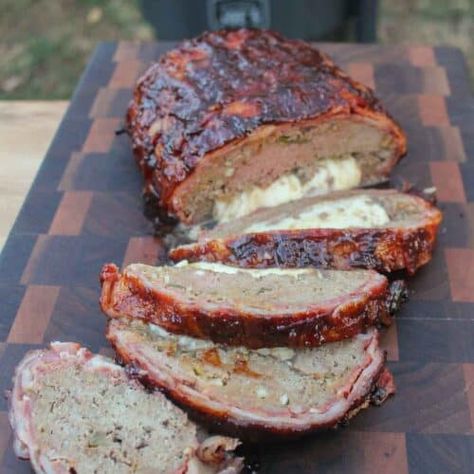 Cheese Stuffed Smoked Meatloaf - Over The Fire Cooking Cheese Stuffed Smoked Meatloaf, Smoked Stuffed Meatloaf, Smoked Ground Beef Recipes, Smoked Meatloaf Recipe, Pit Cooking, Bacon Weave, Over The Fire Cooking, Elk Recipes, Leftover Meatloaf