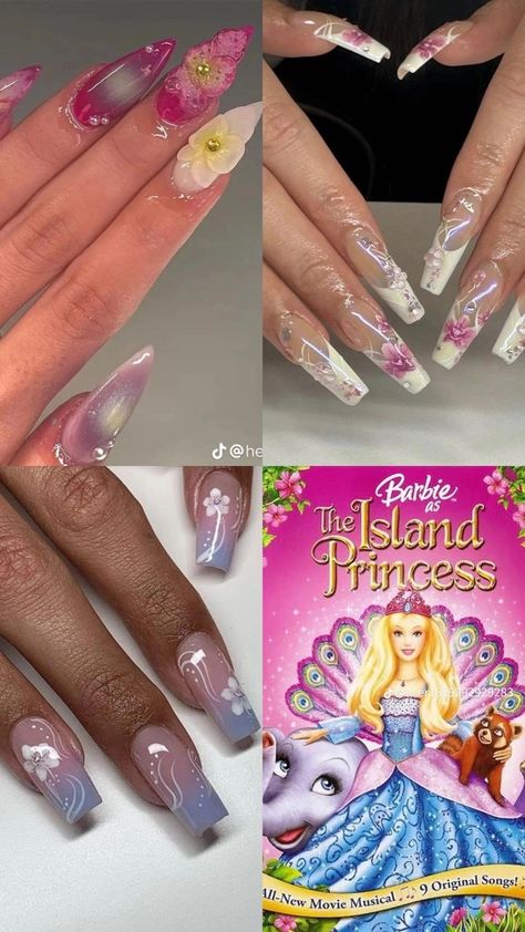 Barbie Movie Nails, Barbie Island Princess, Movie Nails, Princess Nails, Island Princess, Witch Nails, Fancy Flowers, Barbie Movie, Cat Eye Nails