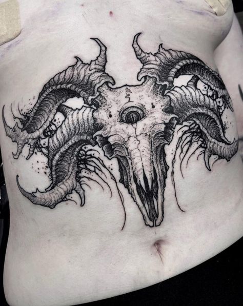 Demon Chest Tattoo, Cierra Core, Sinister Tattoos, Goat Demon, Tattoos Moon, Black And Gray Tattoo, 2023 Tattoo, Oni Tattoo, Ram Tattoo