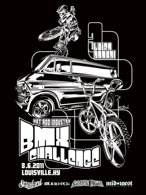 Graphic Design by Brian Stupski at Coroflot.com Bike Reference, Cars Drawing, Bmx Racing, Event Posters, Car Style, Vans T Shirt, Auto Art, Car Illustration, Tshirt Art