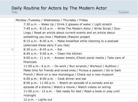 A Daily Routine for Actors — The Modern Actor Musician Daily Routine, Artist Routine, Daily Routine Schedule, Acting Lessons, Daily Routine Planner, A Daily Routine, Challenges To Do, Morning Routines, Routine Planner