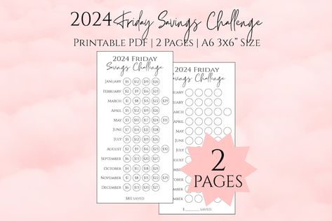 Are you ready to tackle your savings goalsin the New Year? This 2024 Friday Savings challenge printable will help you keep track of your progress as you crush your money-saving goals! 

The 2024 Friday Savings Challenge is a simple and fun way to keep you motivated on your saving journey. The idea is simple: fill in the bubble for each Friday as you save the corresponding amount of money. Perfect for those that participate in cash stuffing and monthly savings challenges. Dollars Money, Savings Challenge Printable, Monthly Savings, Savings Challenges, Cash Stuffing, Money Challenge, Insert Image, Savings Tracker, Saving Goals