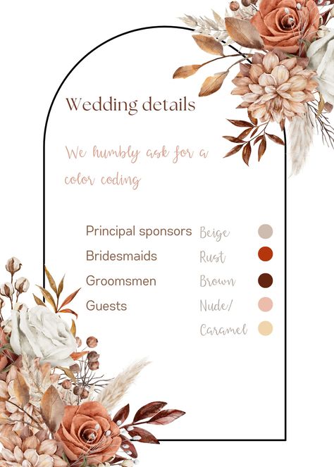 color scheme color coding guest request. brown rust motif. arch invitation Wedding Motif Ideas Color Schemes, Beige Wedding Theme, Brown Wedding Themes, Arch Invitation, Original Wedding Invitations, Boho Wedding Guest, Boho Wedding Colors, Rustic Wedding Colors, Wedding Parties Colors