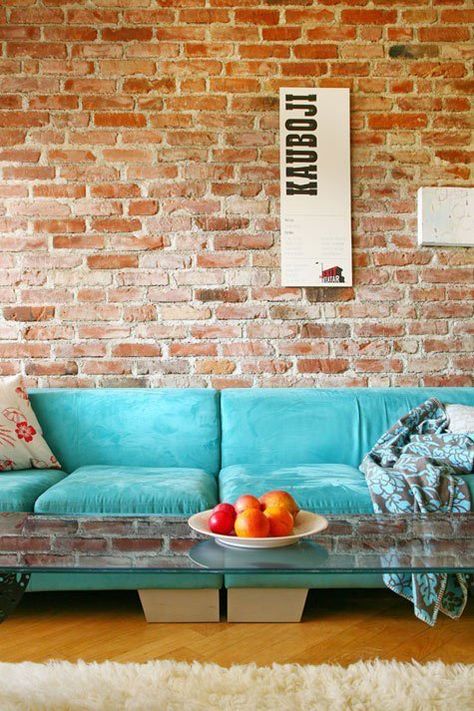 7 Colors that Always Look Amazing With Exposed Brick | Apartment Therapy Turquoise Sofa, Turquoise Home Decor, Christmas Decorations Apartment, A Brick Wall, Decor Ikea, Exposed Brick Walls, Brick Walls, Style Loft, Kitchen Faucets