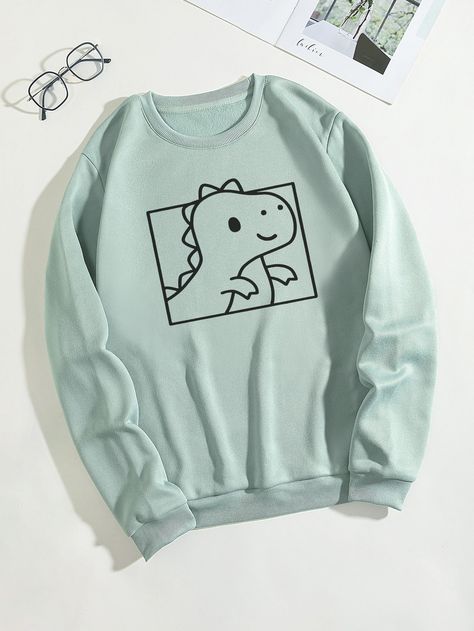 Mint Green Casual Collar Long Sleeve Fabric Cartoon Pullovers Embellished Slight Stretch Fall,Winter Women Clothing Kawaii Sweatshirt, Dinosaur Outfit, Fashion Top Outfits, Women Sweatshirts, Cartoon Dinosaur, Sweatshirt Set, Really Cute Outfits, Inspiration Mode, Dinosaur Print