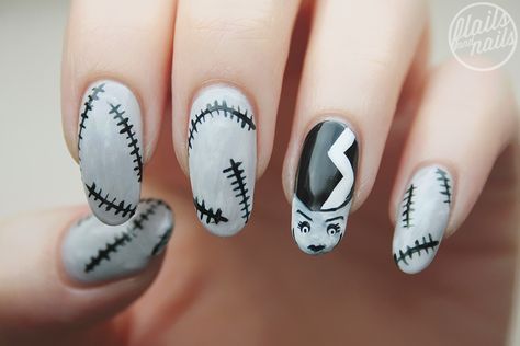 Flails and Nails — Bride of Frankenstein Nail Art - click here for... Frankenstein Nails, Cotton Candy Nails, Halloween Manicure, Halloween Acrylic Nails, Frankenstein Halloween, Nail Fashion, Halloween Nail Designs, Bride Of Frankenstein, Halloween Nail