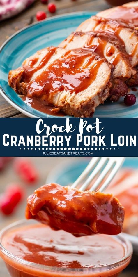 Cranberry Crock Pot Pork Loin is amazing! Tender, juicy pork loin that is cooked in a slow cooker all day and then topped with a delicious sweet and tangy cranberry sauce. This recipe is easy enough to make during the weeknight for busy nights and fancy enough to spoil dinner guests with. #crockpot #porkloin via @julieseats Cranberry Pork Loin, Crock Pot Pork Loin, Juicy Pork Loin, Pork Loin Crock Pot Recipes, Cranberry Pork, Crockpot Pork Loin, Slow Cooker Pork Loin, Crock Pot Pork, Crockpot Ribs