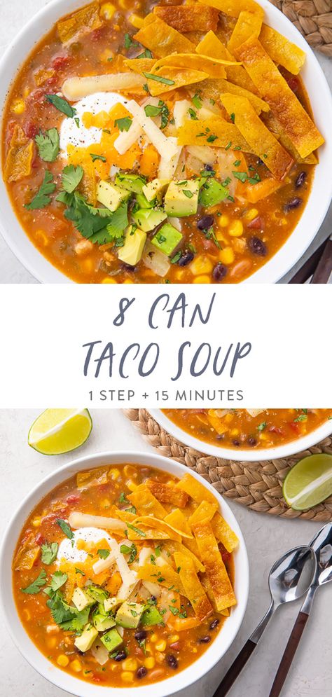 This 8 can taco soup has only 1 step and takes only 15 minutes, but it tastes like a Mexican soup that's been simmering all day! This is one of our favorite soups, especially since it's made from all canned pantry ingredients. #pantrystaples #easydinner #soup 8 Can Taco Soup, Can Taco Soup, Southwest Soup, Easy Taco Soup, Favorite Soups, Taco Soup Recipe, Pantry Ingredients, Mexican Soup, Chicken Taco Soup