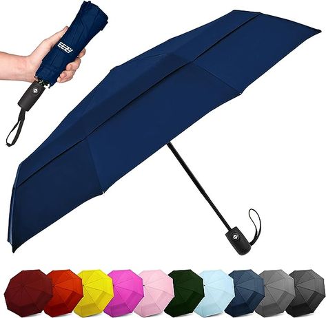 Amazon.com: EEZ-Y Windproof Travel Umbrellas for Rain - Lightweight, Strong, Compact with & Easy Auto Open/Close Button for Single Hand Use - Double Vented Canopy for Men & Women - Navy blue : Clothing, Shoes & Jewelry Mens Umbrella, Windproof Umbrella, Large Umbrella, Compact Umbrella, Automatic Umbrella, Travel Clothing, Blue Clothing, Travel Umbrella, Travel Outfit