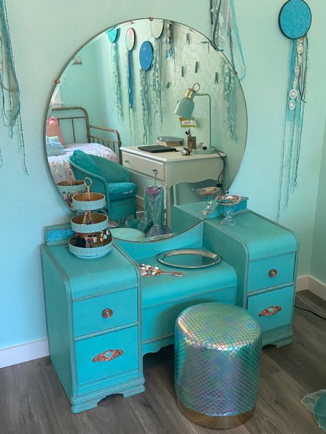 Mermaid Vanity, Paint Accents, Vanity Diy, Vanity Makeover, Room Vanity, Blue Vanity, Mermaid Room, Copper Paint, Diy Cat Toys