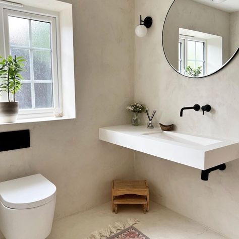 Home Edit Bathroom, Microcement Walls, Small Toilet Room, Wall Mount Faucet Bathroom, Just A Dream, Small Bathroom Makeover, Wall Mount Faucet, Bathroom Color, White Vanity Bathroom