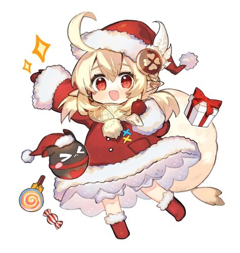 Anime Christmas Art, Klee Christmas, Genshin Impact Christmas, Christmas Genshin, Christmas Oc, Genshin Christmas, Christmas Fanart, Christmas Chibi, Chibi Christmas