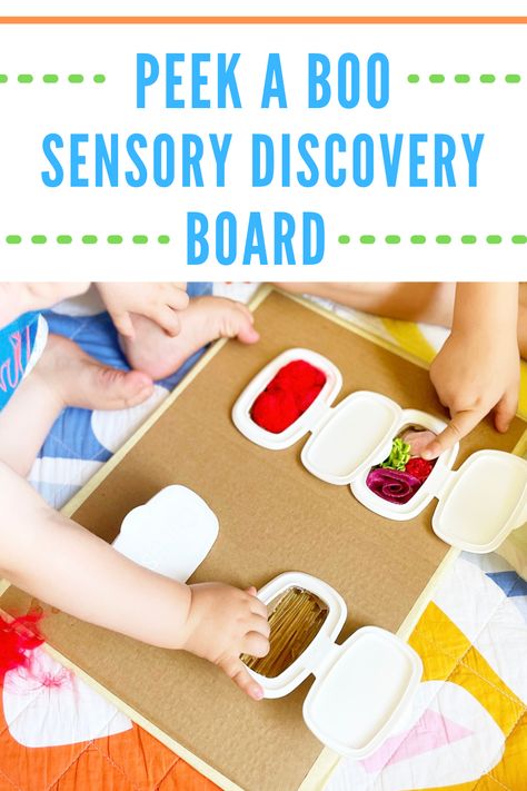 Sensory Board For Infants Diy, Filling And Dumping Activities Infants, Peek A Boo Sensory Board, Wipe Lid Sensory Board, Diy Busy Board Baby Sensory Play, Baby Activity Board, Texture Board, Sensory Board, Sensory Boards