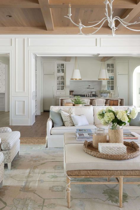 Bria Hammel Interiors Dining Room With Fireplace Design, Cottage House Interior Living Room, French Country Beach House, Classic Southern Living Room, French Eclectic Living Room, East Coast House Aesthetic Interior, Neutral Beach House Interior Design, Show Home Living Room, Nancy Meyers Beach House